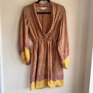 Natalie Martin Wrap Dress Silk Pink Yellow V-Neck Snap Button Long Sleeve Sz S